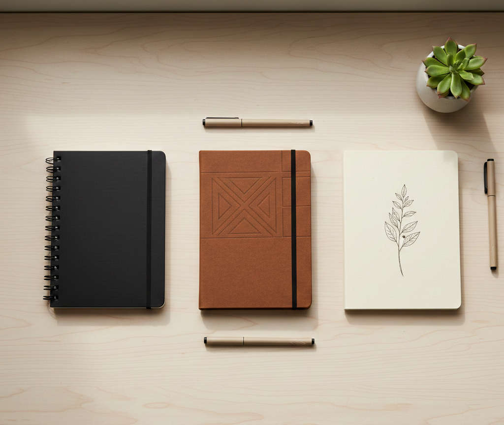 Different notebook binding types including spiral, hardcover, and softcover